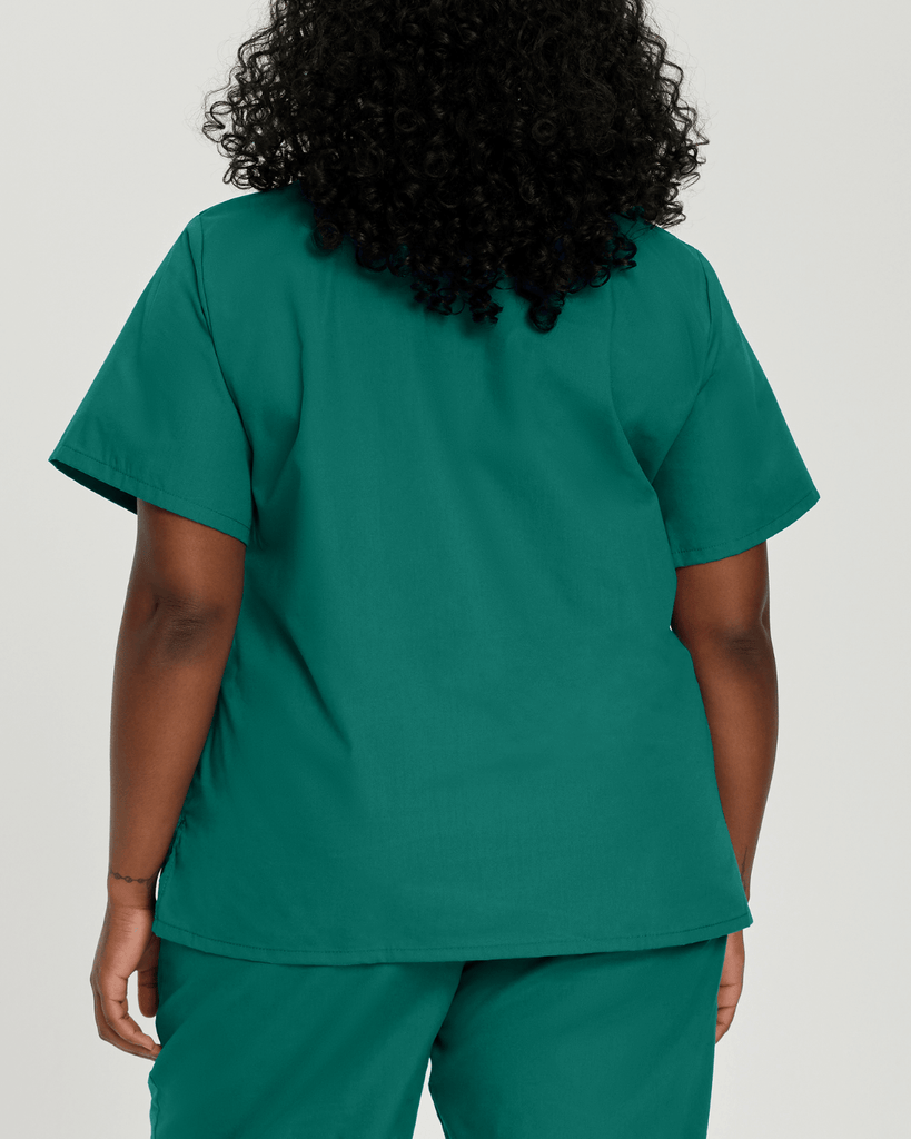 Hunter green medical scrub top with pockets and a v-neck, essentials by landau