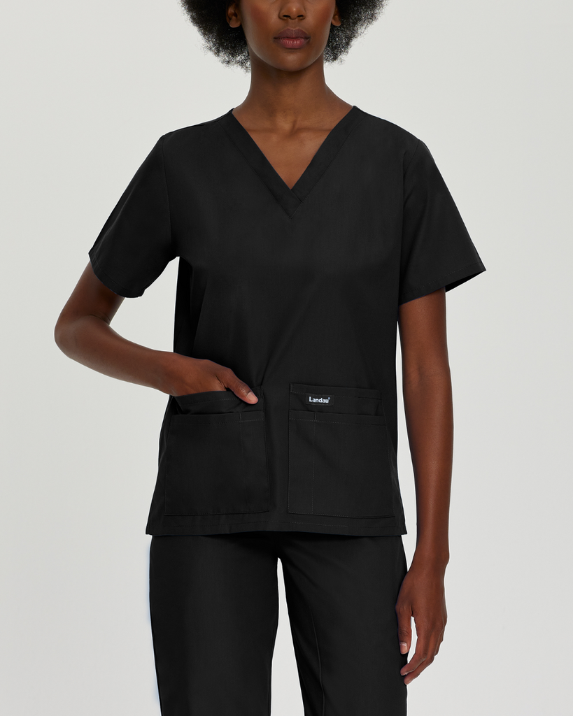 Black landau scrubs, essentials for women with four pockets, v-neck