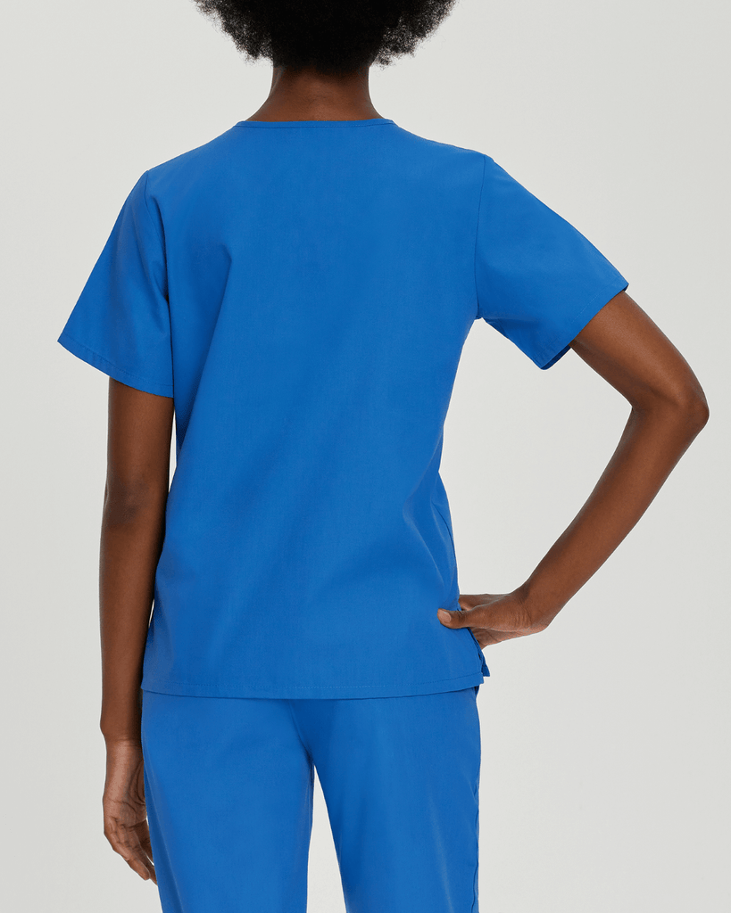 best-rated royal blue scrub top with a V-neck and four pockets