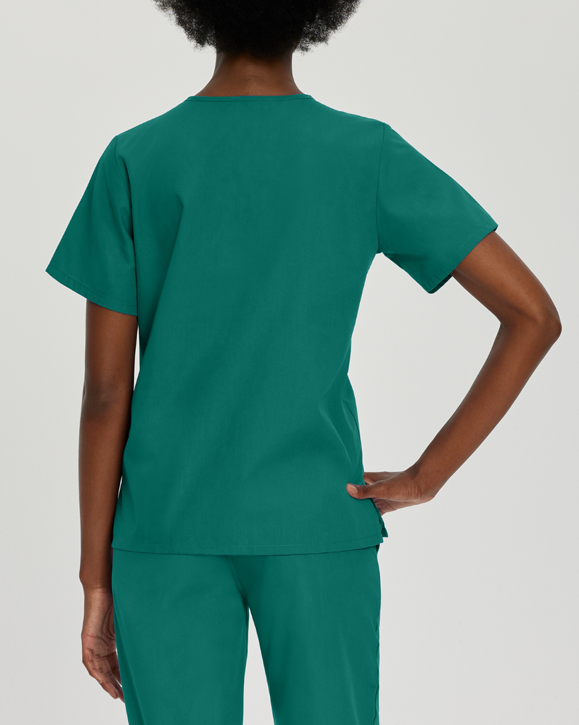 women's hunter green scrubs, essentials by landau four-pocket v-neck scrub top