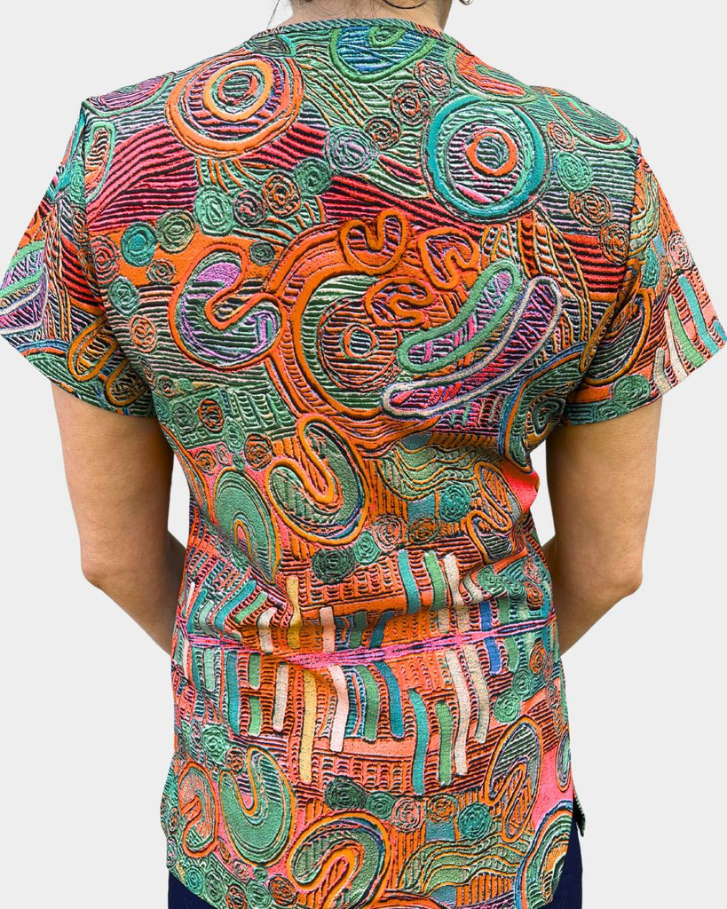 Orange and Green Aboriginal Artwork Scrub Top
