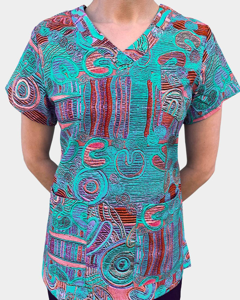 Teal Aboriginal Artwork Scrub Top