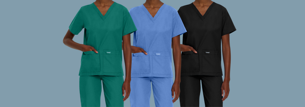 A range of different coloured scrubs; hunter green scrubs, ceil blue scrubs and black scrubs