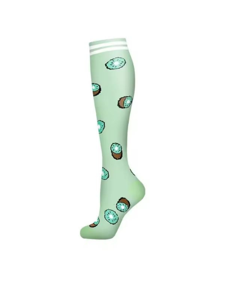 Light green knee-high sock with kiwi fruit pattern 