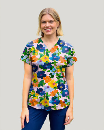 Beautiful custom floral-printed colourful scrubs for nurses
