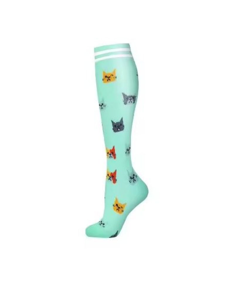 Mint green knee-high sock with cat illustrations 