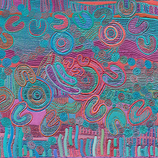 Pink and teal Indigenous Art print for scrub fabric