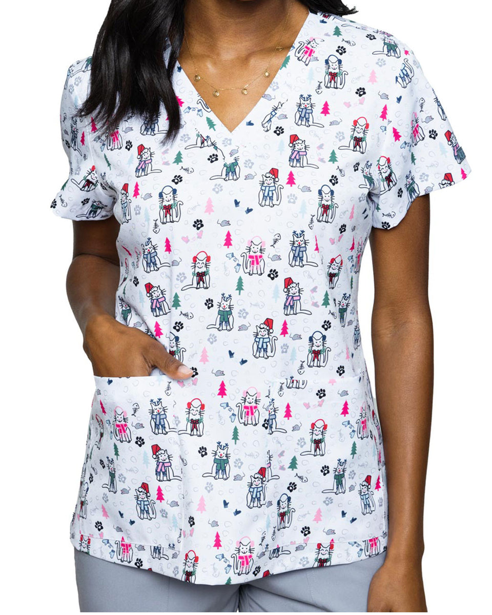 'Meowy Christmas' Women's Scrub Top SALE Christmas Scrubs Australia Hunter Scrubs